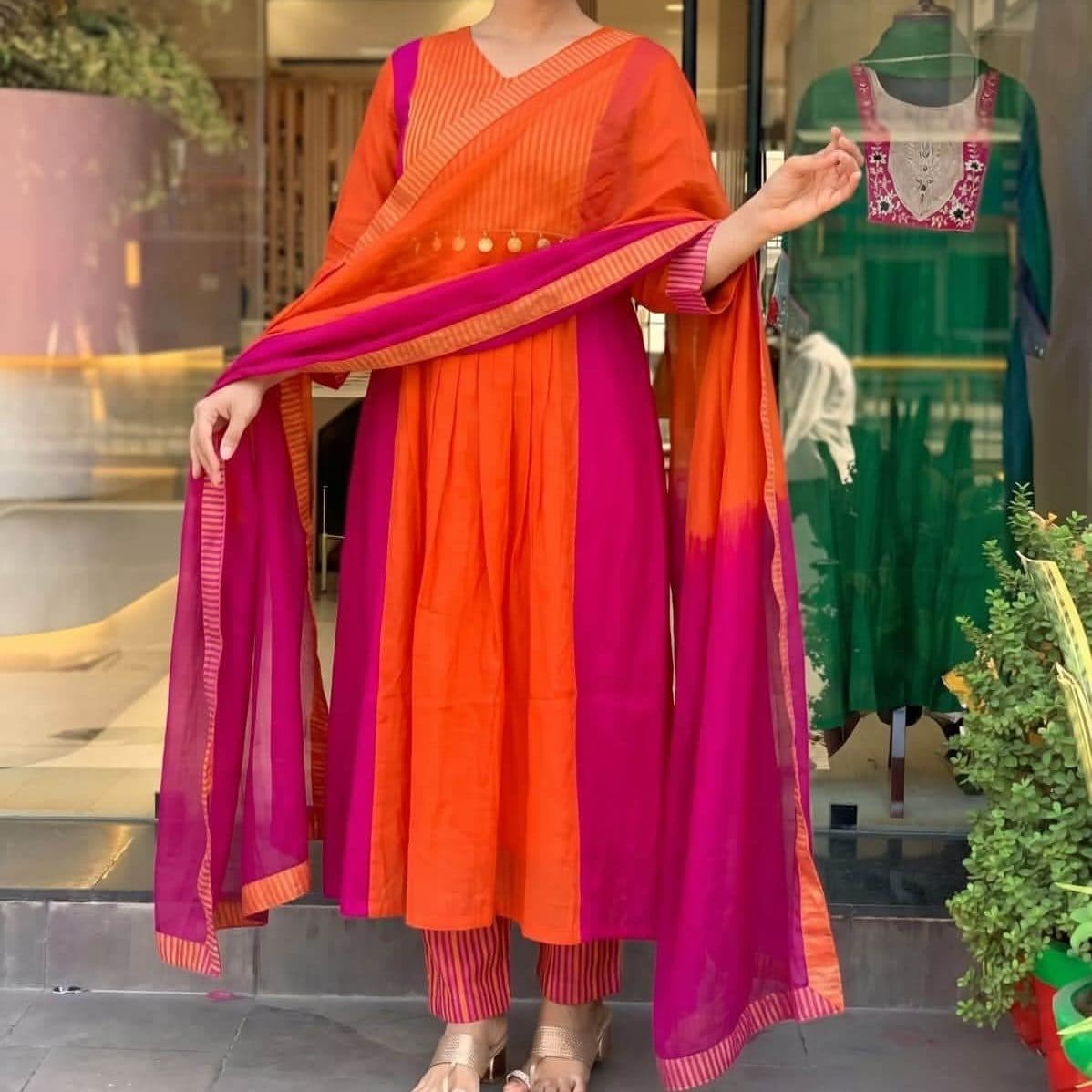 Orange and Pink Anarkali Kurta Set